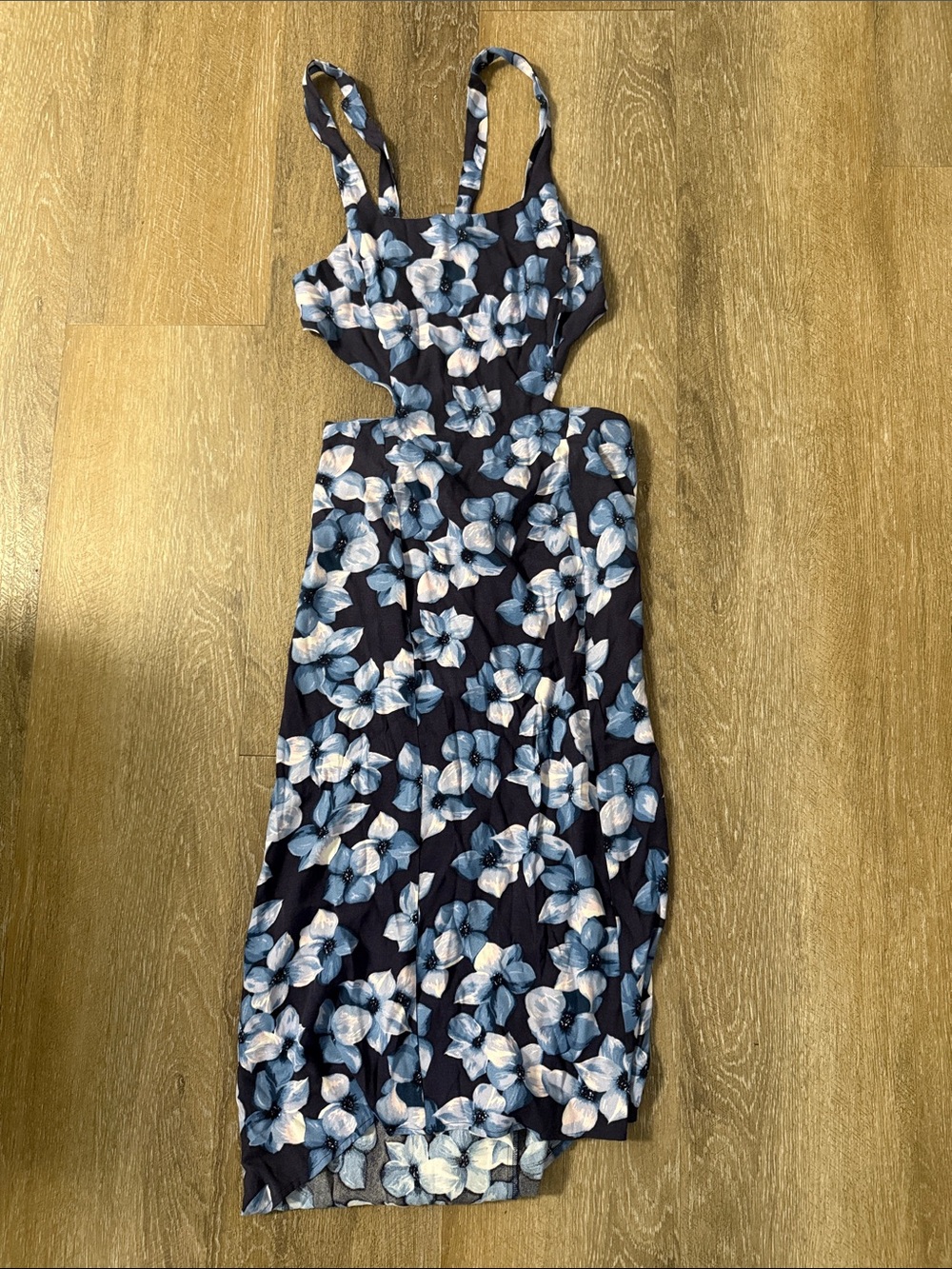 Reformation Floral Cutout Midi Dress in Navy and Light Blue
